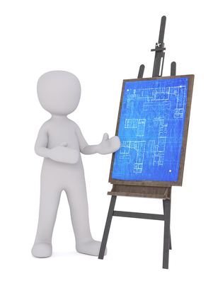 Presenter explaining technical sketch on board